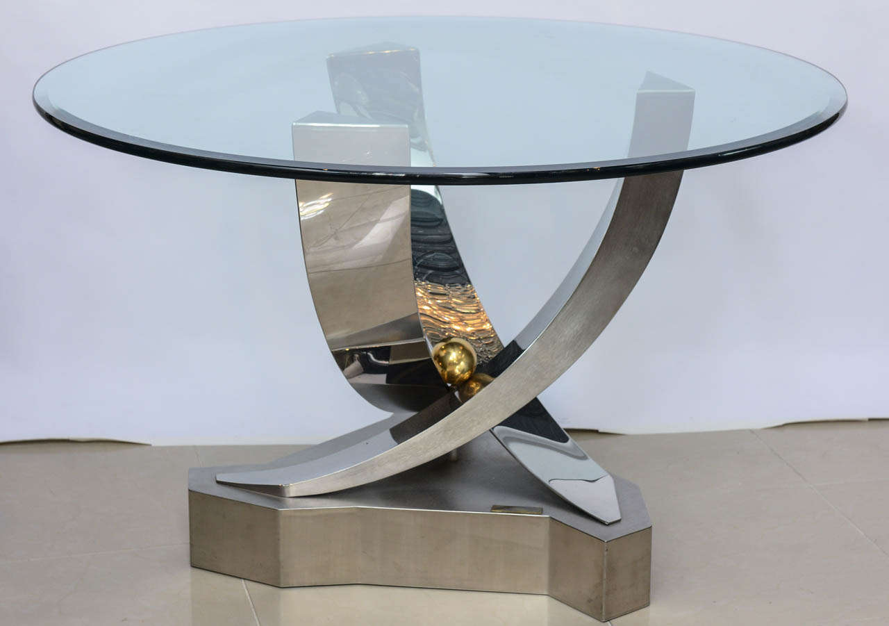 Mid-Century Modern Greg Sheres Polished Stainless Steel and 24-Karat Gold Plated Brass Center Table