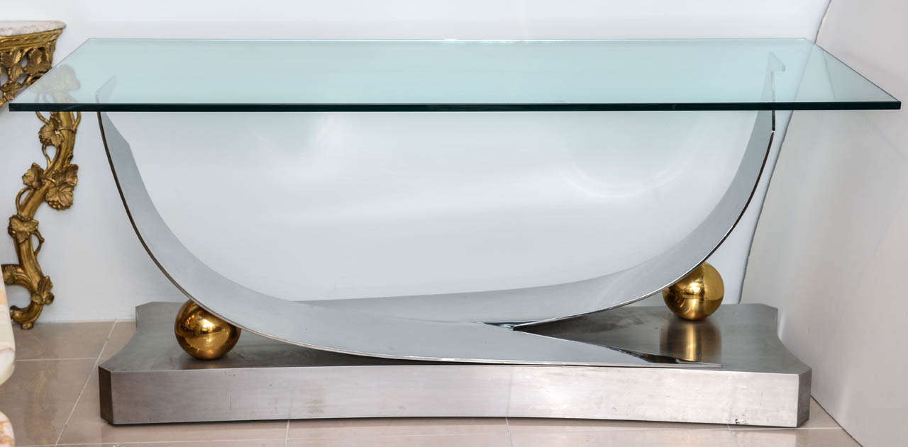A Greg Sheres Polished Stainless Steel, 24K Gold Plated Brass and Glass Console