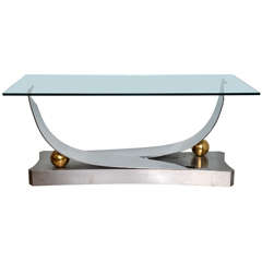 A Greg Sheres Polished Stainless Steel, 24K Gold Plated Brass and Glass Console