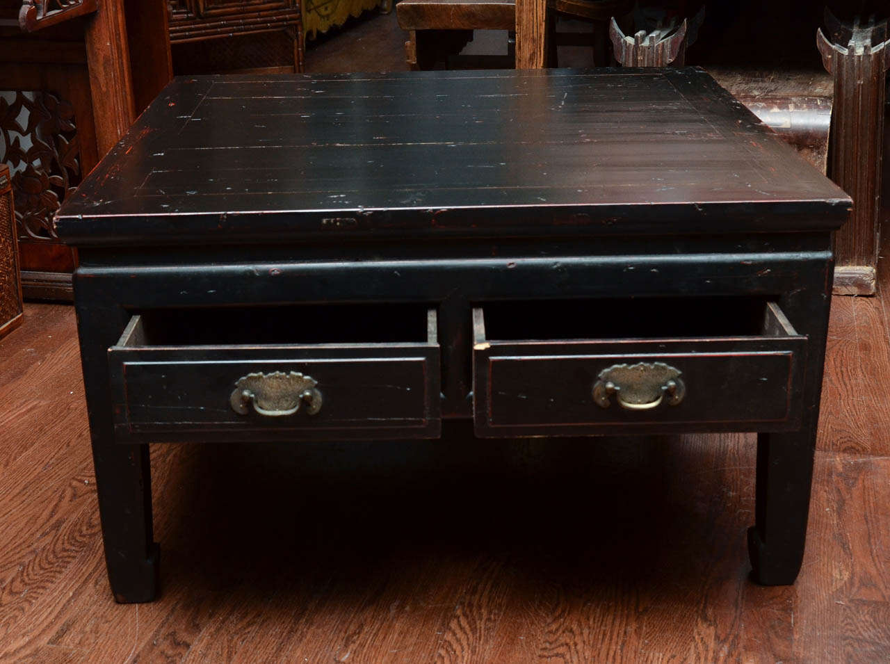Turn of the Century Black Lacquered Two-Drawer Tea Table with Brass Hardware For Sale 2