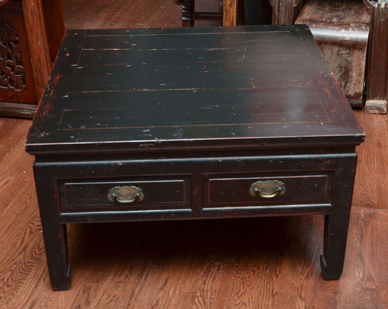 Turn of the century, Qing dynasty Ningbo two-drawer tea table with brass hardware.