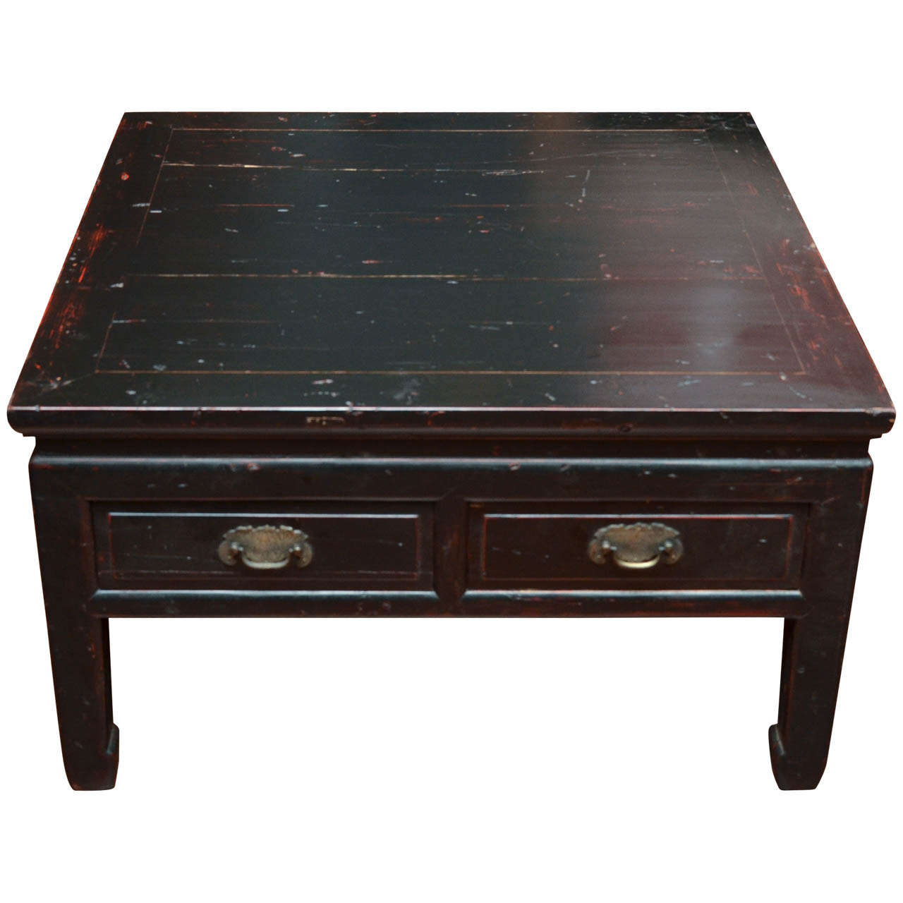 Turn of the Century Black Lacquered Two-Drawer Tea Table with Brass Hardware For Sale