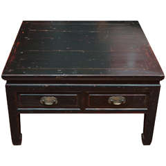 Antique Turn of the Century Black Lacquered Two-Drawer Tea Table with Brass Hardware