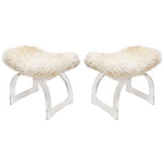 Vintage Pair of Sheepskin and Lucite Stools
