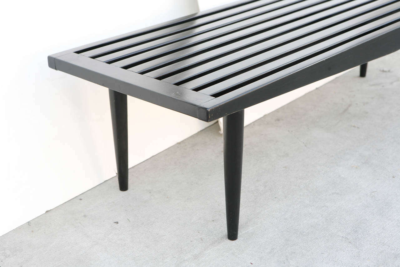 Midcentury Black Wood Slat Bench In Excellent Condition In South Pasadena, CA