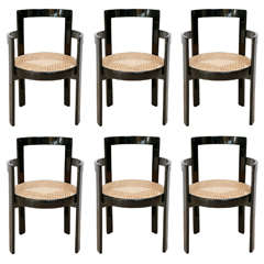 Satz von 6 Thonet-Stühlen aus schwarzem Lack und Rohrgeflecht