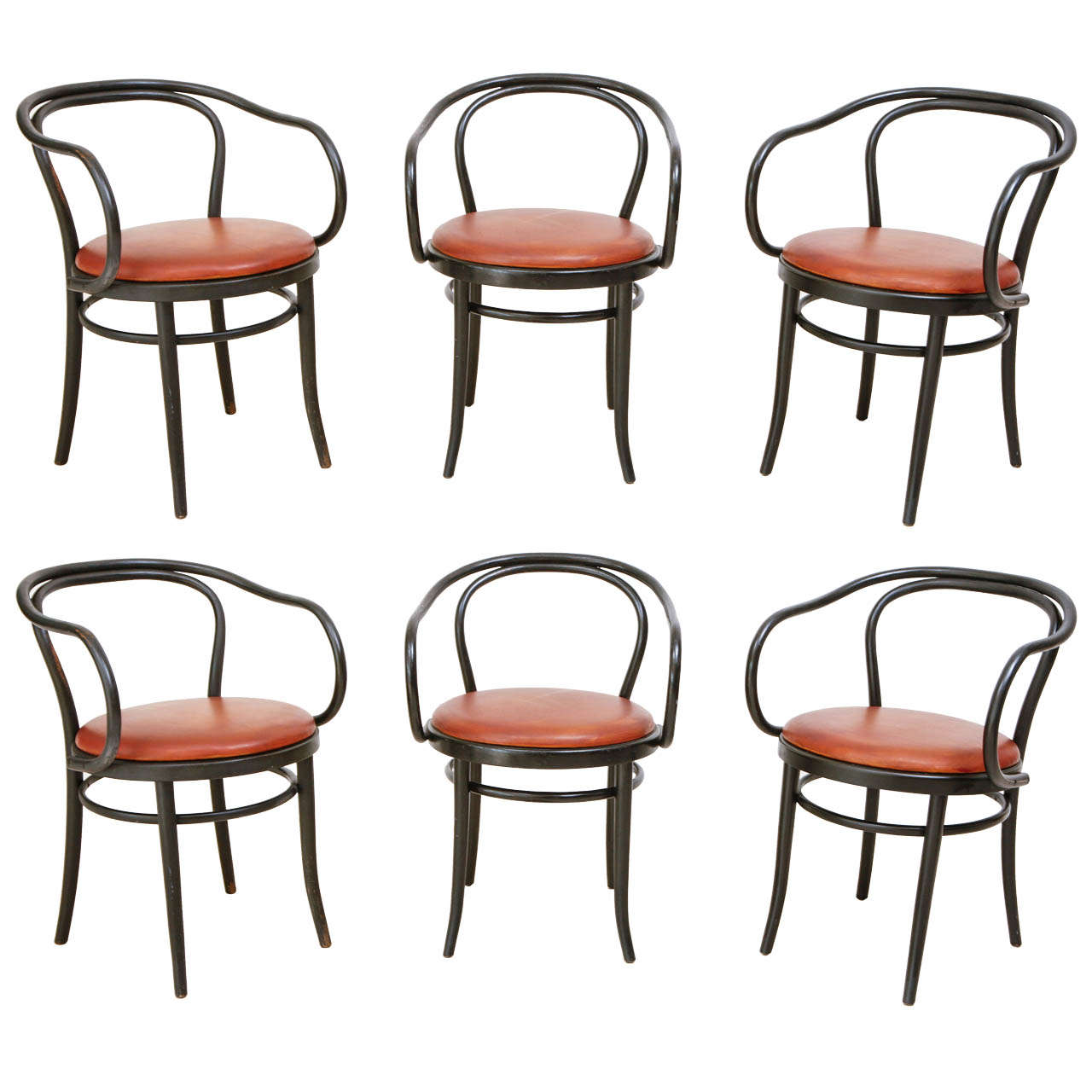 Set of 6 Matte Black and Custom Leather Thonet Chairs