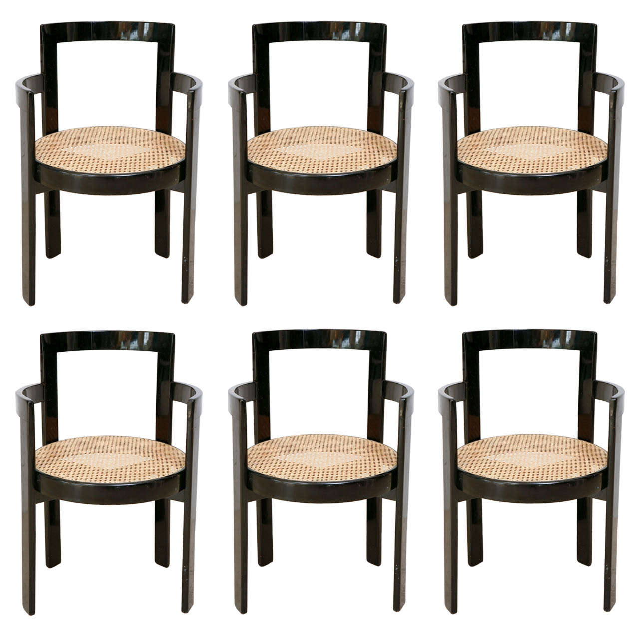 Set of 6 Black Lacquer and Cane Chairs at 1stDibs cane