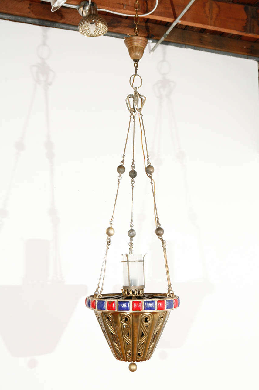 American brass fixture with enameled details; newly wired for a standard bulb.