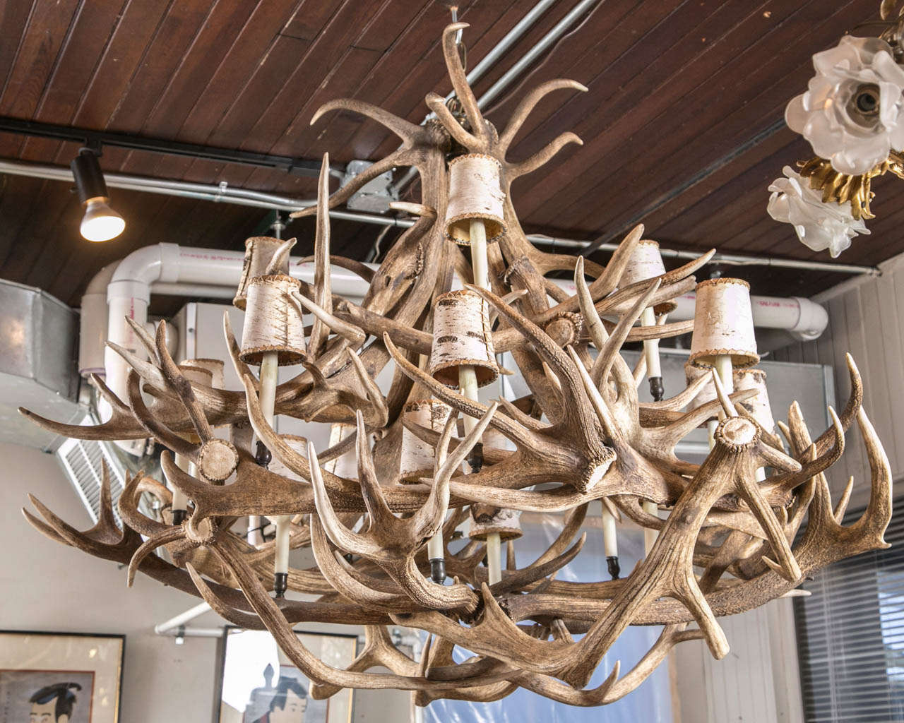 This large naturally sourced, elk antler chandelier, is perfect for a country house or lodge,  It  has three levels of lighting. Real Birch bark shades included for all eighteen lights.
