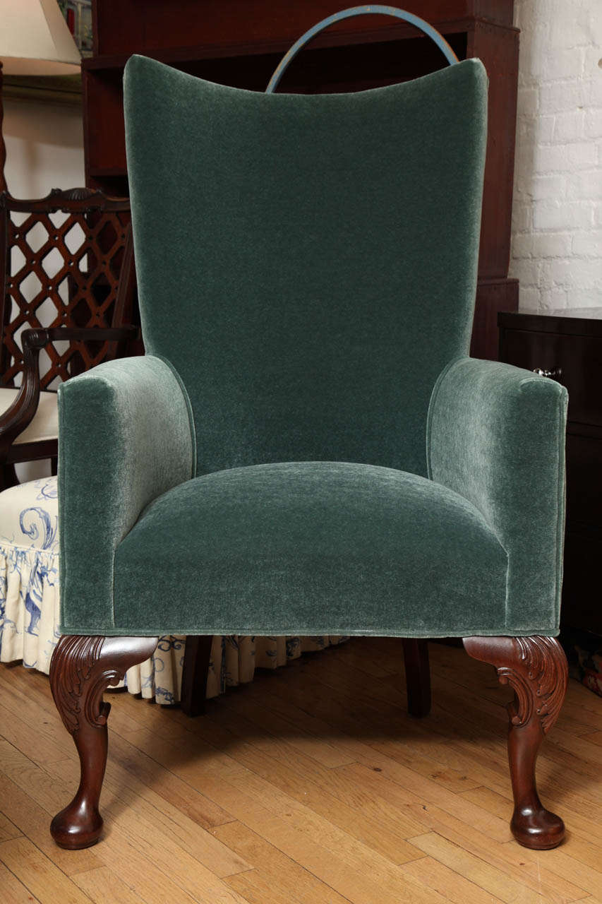 Reading Chair By Mariette Himes Gomez for The Hickory Chair Collection, Upholstered in a Deep Green Mohair Fabric and Traditional Carved Front Legs in a Dark Walnut Finish.