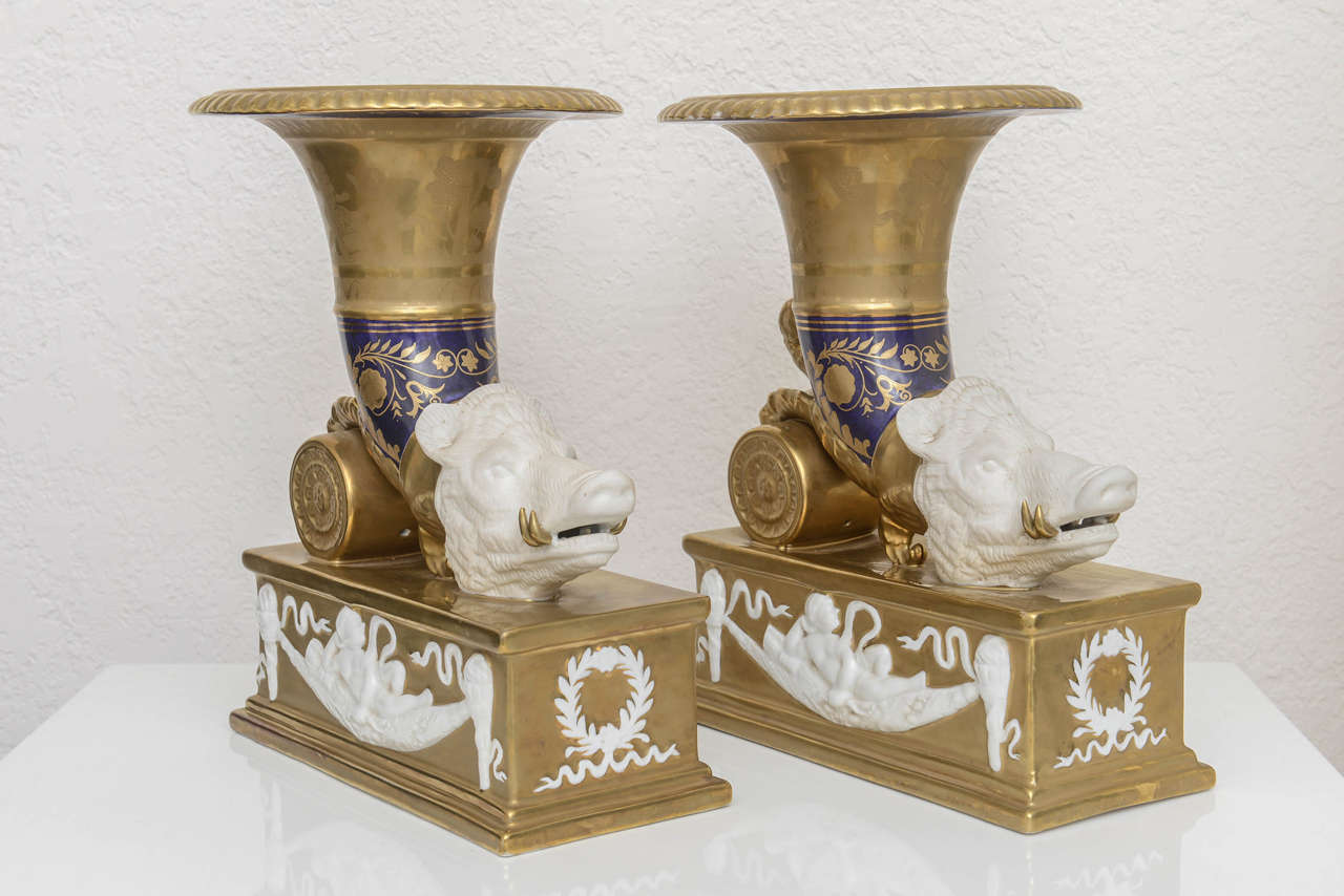 German Pair of 19th Century Dresden Neoclassical Cornucopia Mantel Vases