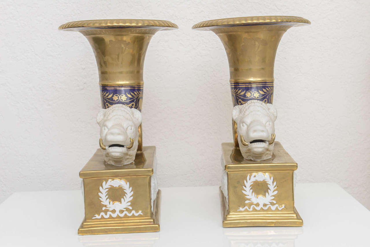 Glazed Pair of 19th Century Dresden Neoclassical Cornucopia Mantel Vases