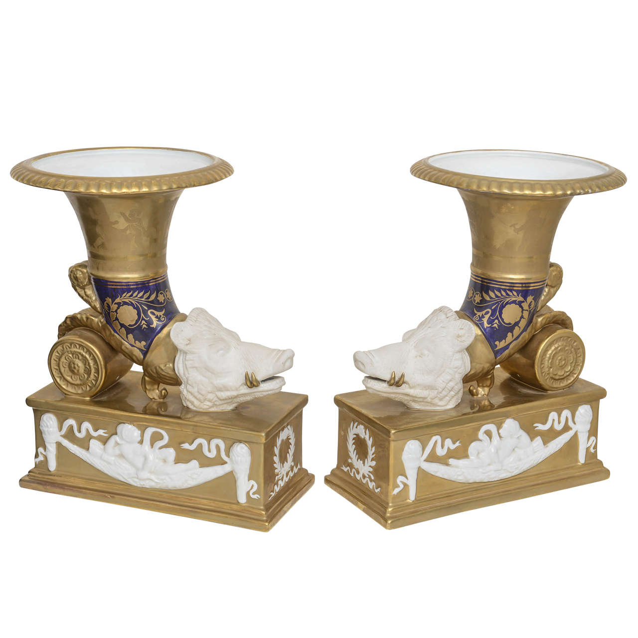 Pair of 19th Century Dresden Neoclassical Cornucopia Mantel Vases