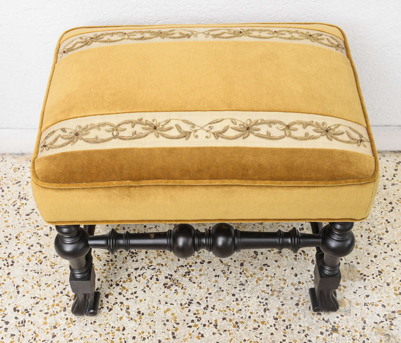 Pair of Rectangular, 19th Century Italian Stools Embroidered Gold Velvet In Good Condition In West Palm Beach, FL