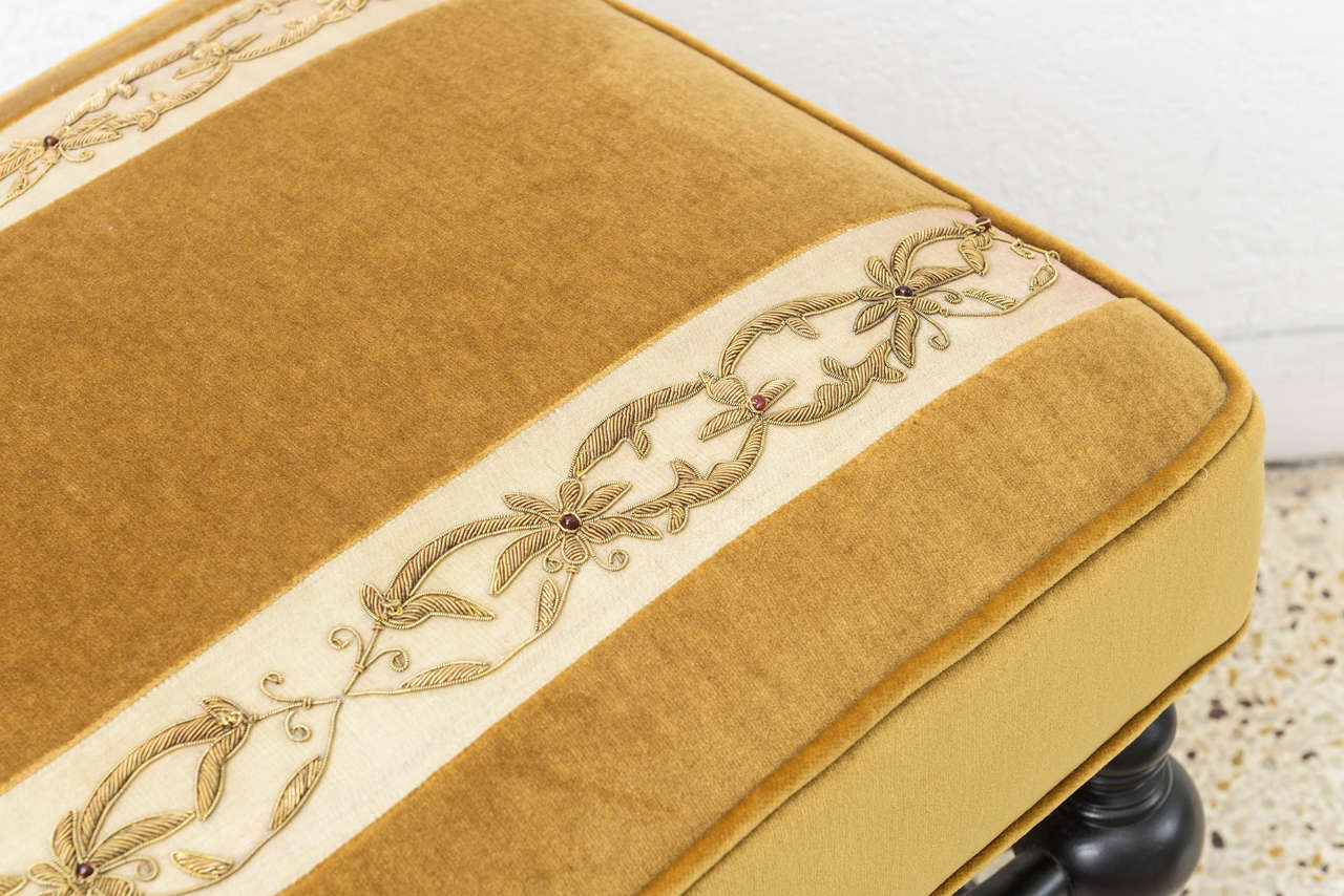 Pair of Rectangular, 19th Century Italian Stools Embroidered Gold Velvet 1
