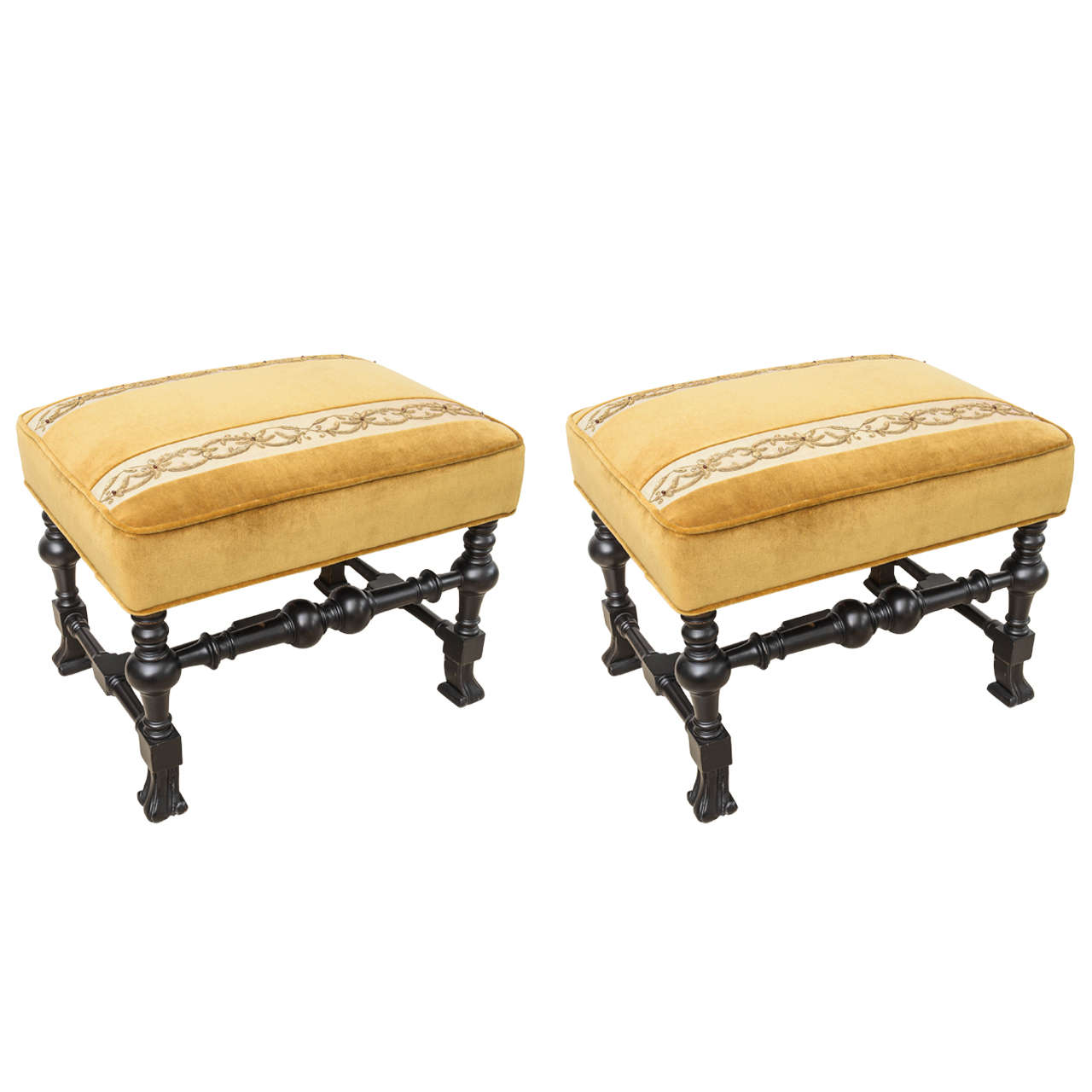 Pair of Rectangular, 19th Century Italian Stools Embroidered Gold Velvet