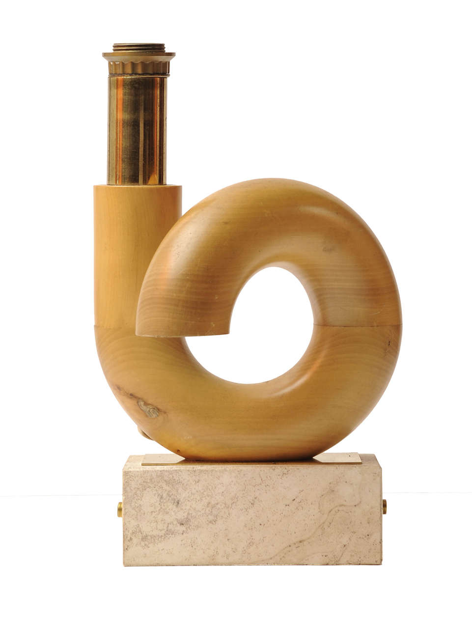 Lamp wood sculpture based travertine with brass decorations.