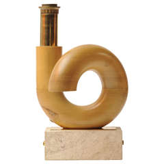 Midcentury Travertine and Wood Sculpture Italian Table Lamp, 1970s