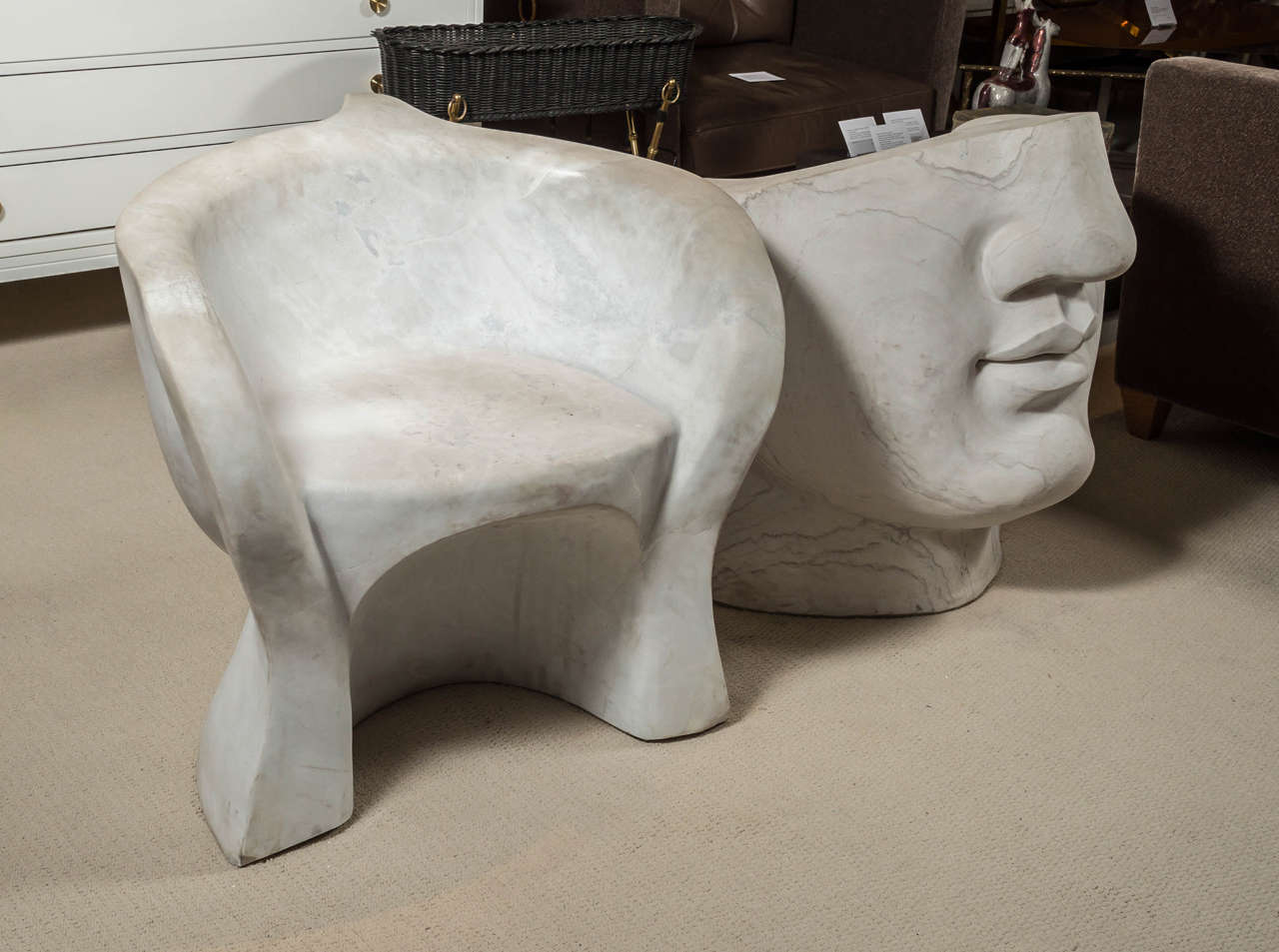 Carved Pair of Marble Garden Chairs