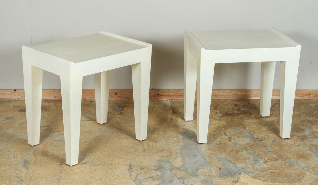 Pair of cream parchment side tables in the style of Samuel Marx.