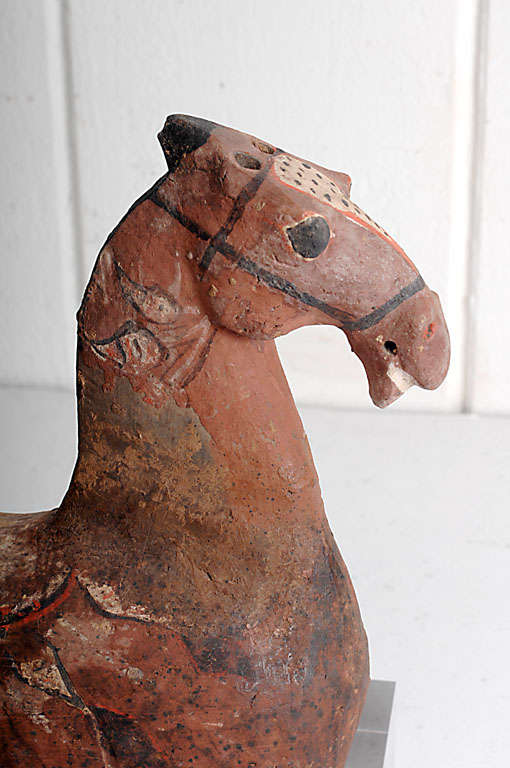 Ancient Chinese Recumbent Horse with traces of original polychrome paint.These horses were excavated from the tombs of the Chinese ruling class.This artifact is presented on a clear acrylic plinth.