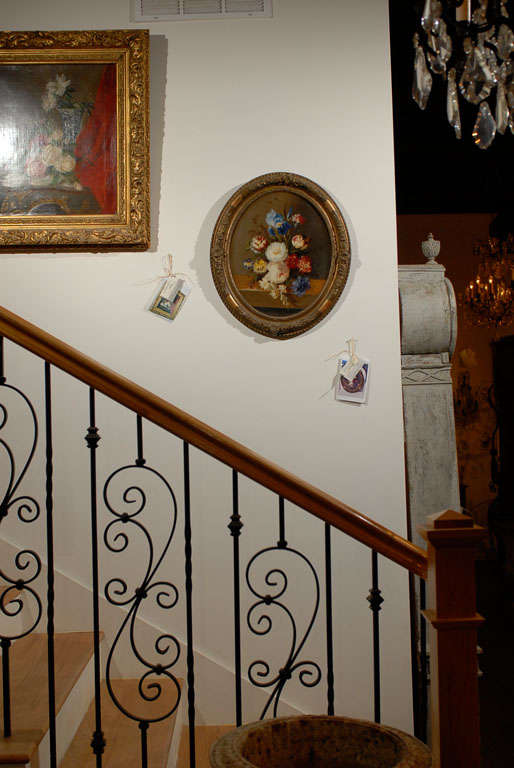 French Oval Floral Painting with Tulips, Roses and Irises in Gilt Frame