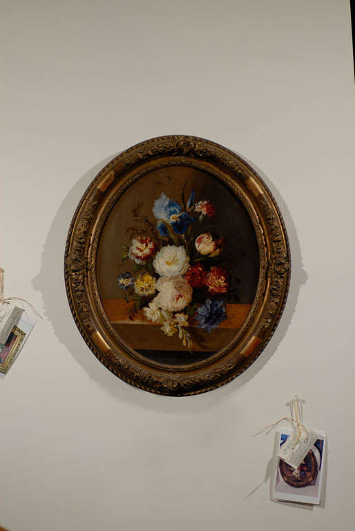 19th Century French Oval Floral Painting with Tulips, Roses and Irises in Gilt Frame