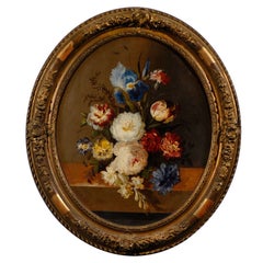 French Oval Floral Painting with Tulips, Roses and Irises in Gilt Frame