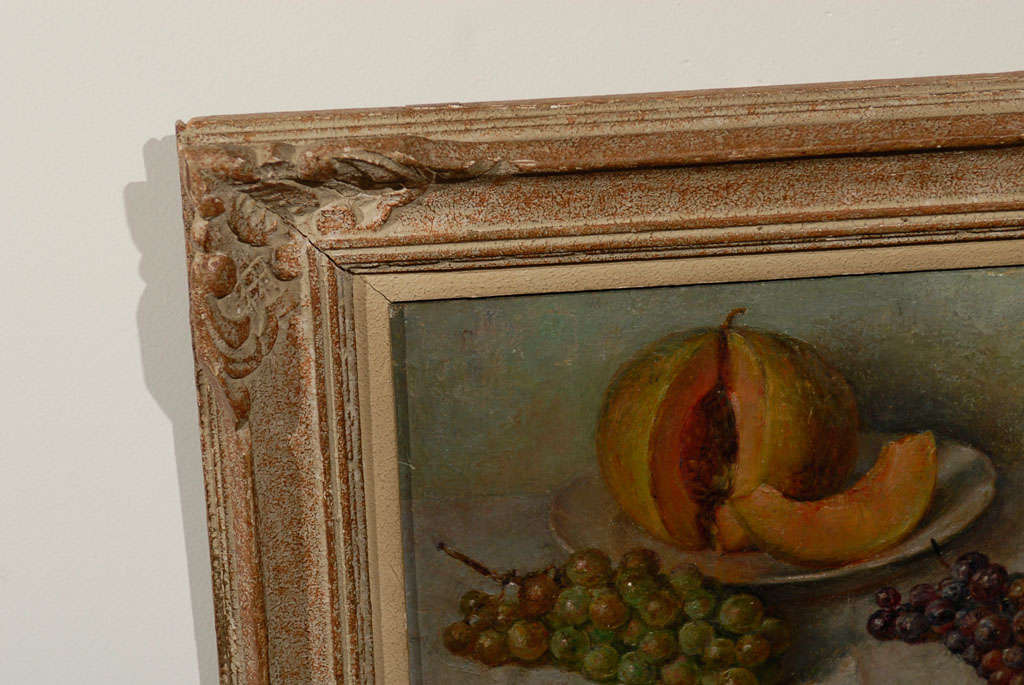 Napoléon III Nature morte à l'huile encadrée du 19e siècle représentant des fruits, des raisins et un melon en vente