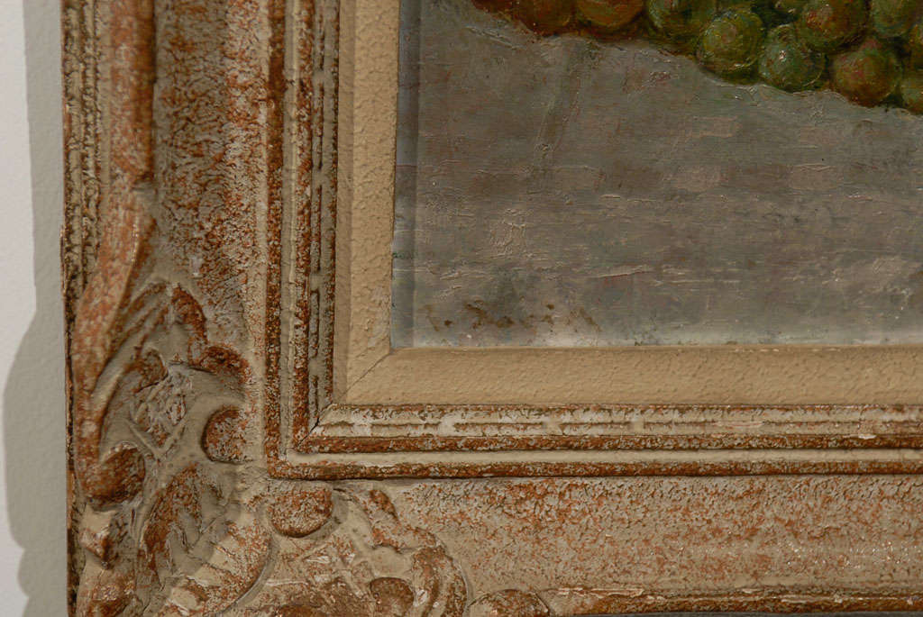 Peint à la main Nature morte à l'huile encadrée du 19e siècle représentant des fruits, des raisins et un melon en vente