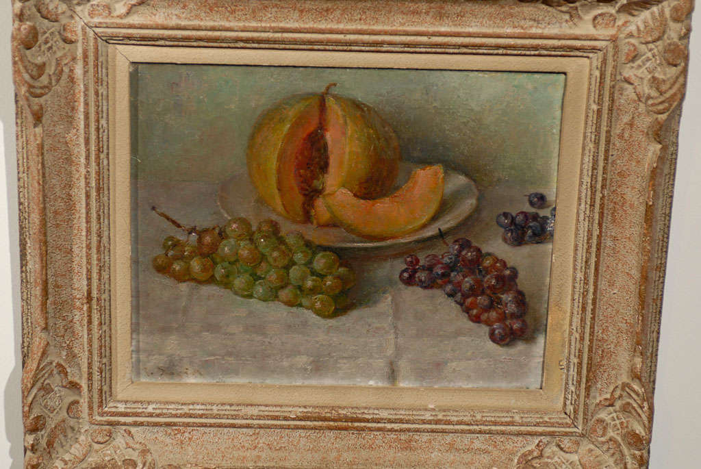 Hand-Painted 19th Century Framed Oil Still Life Painting of Fruit, Grapes, and Melon For Sale