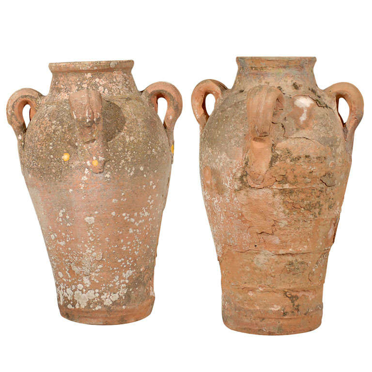 Two French Early 18th Century Four-Handled Terracotta Urns with Aged Patina