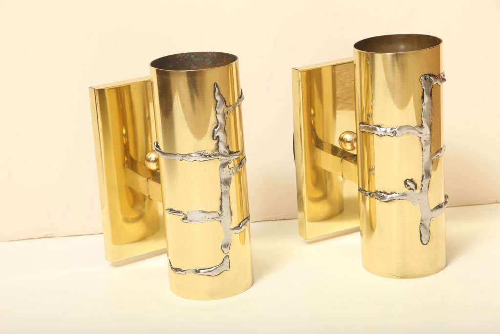 Modernist and Cylindrical Brass Wall Sconces In Good Condition In North Miami, FL