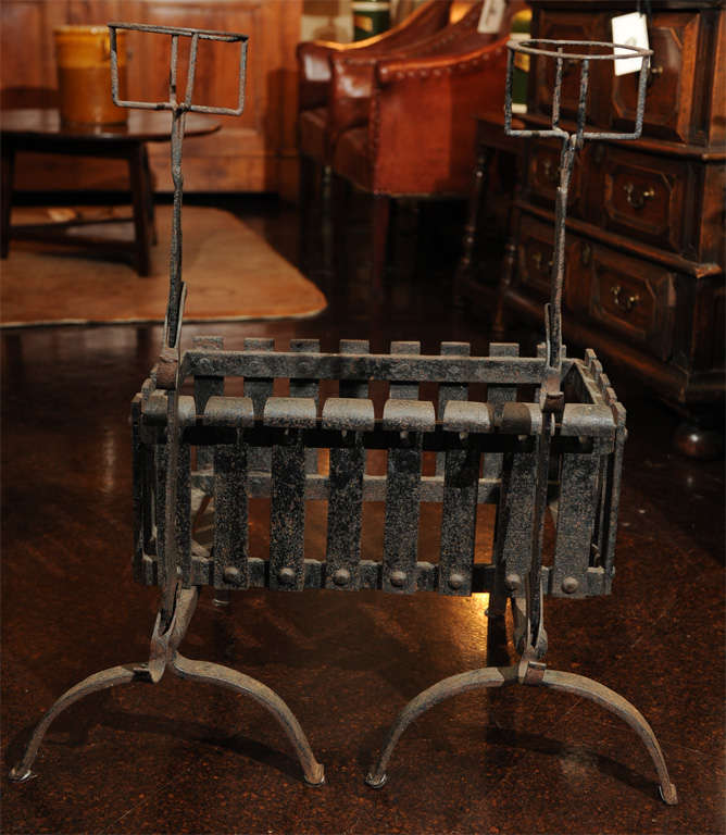 Iron Firedogs with Log Basket; English, circa 1880 In Good Condition For Sale In San Francisco, CA