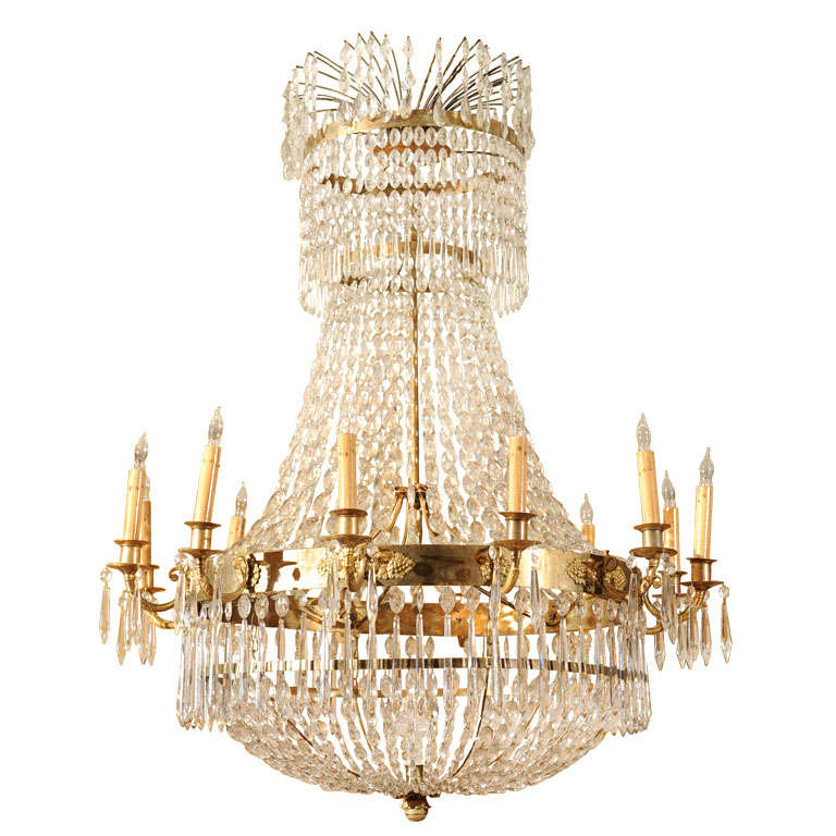 19thc Swedish Neoclassical Gilt Bronze, Glass 12 Lite Chandelier