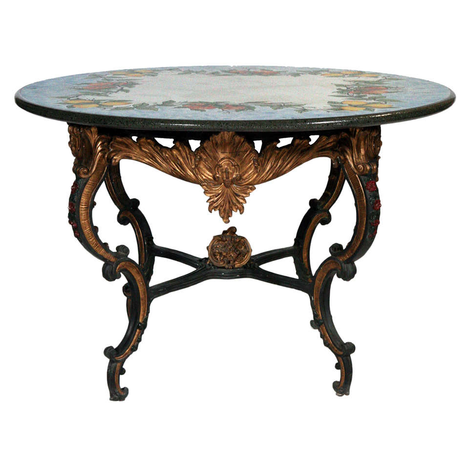 A Bronze Rococo Style Base Table With A Painted Stone Top