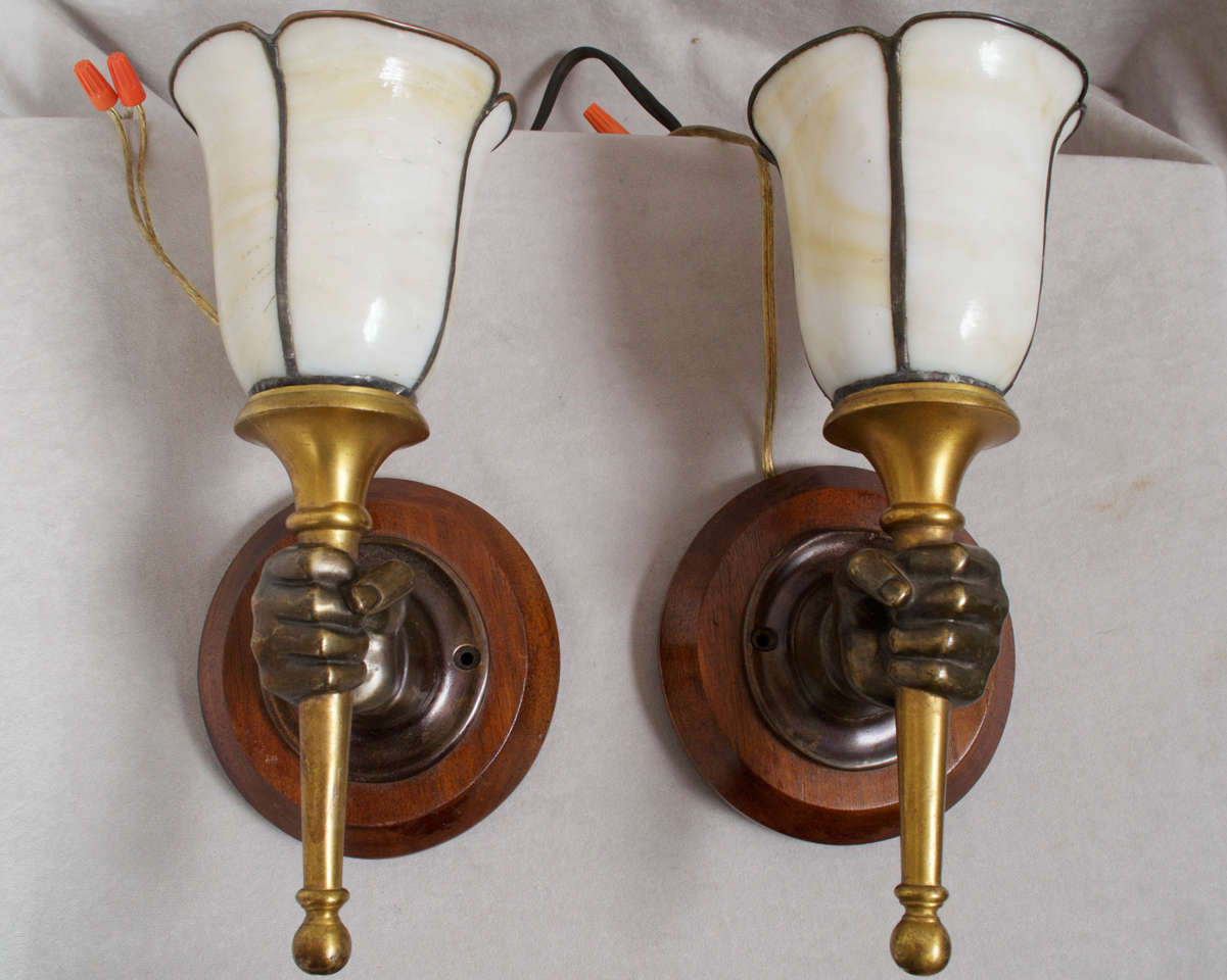 Interesting Pair of Bronze Sconces with Hand and Torch