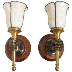 Interesting Pair of Bronze Sconces with Hand and Torch
