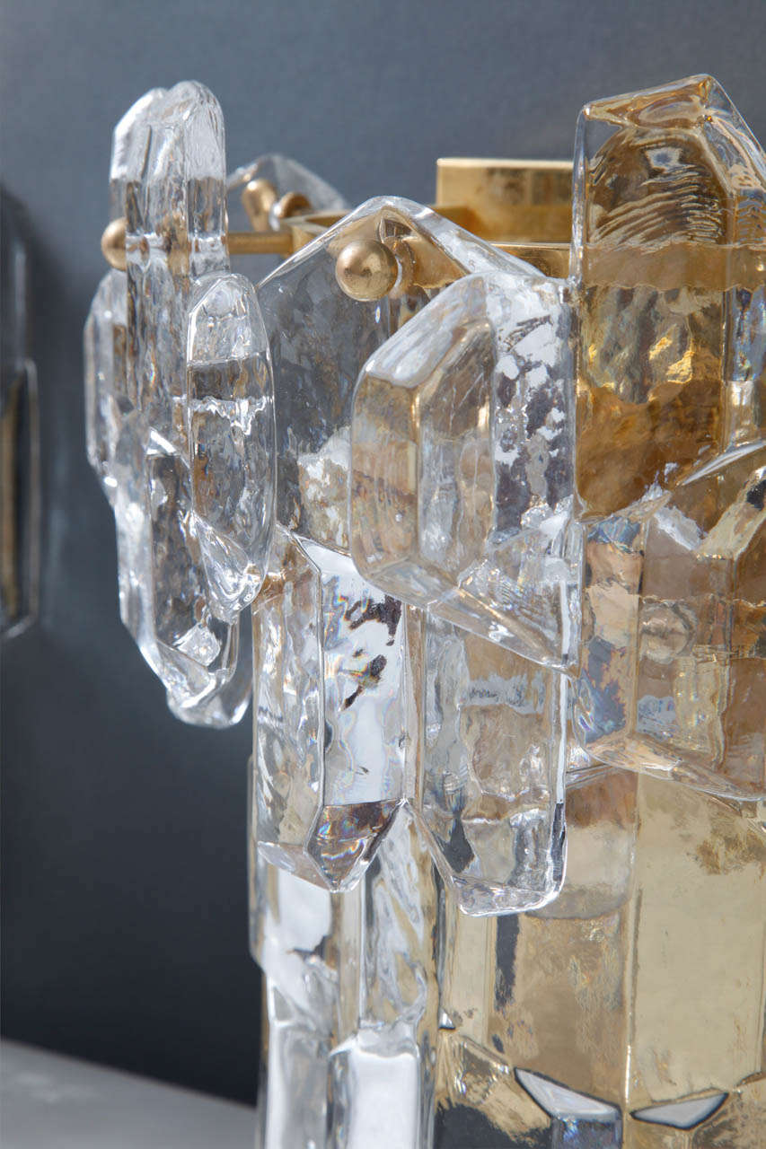 Austrian Large Kalmar Gilded Brass Textured Glass Sconces.