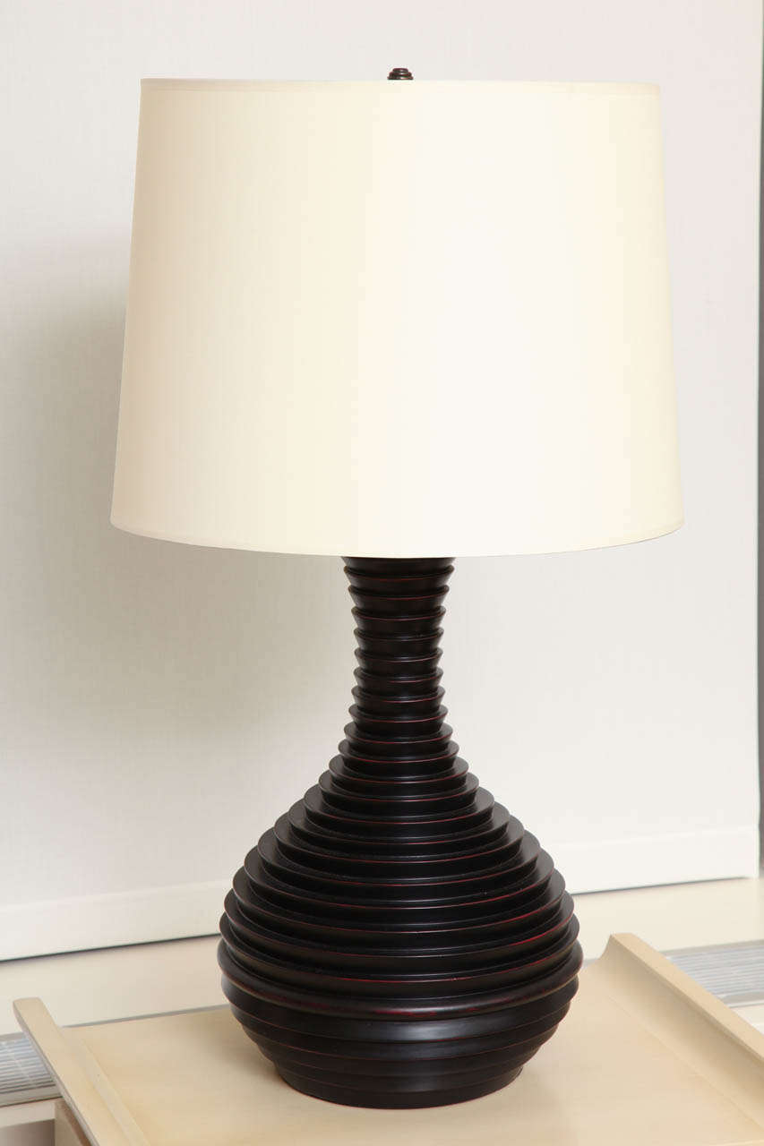 Pair of black turned wood baluster form lamps, c. 1960