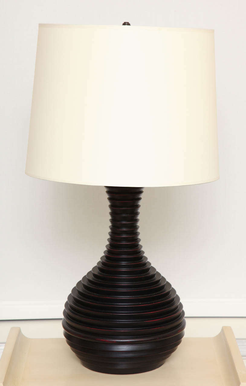 Pair Of Black Turned Wood Baluster Form Lamps, C. 1960 In Excellent Condition For Sale In New York, NY