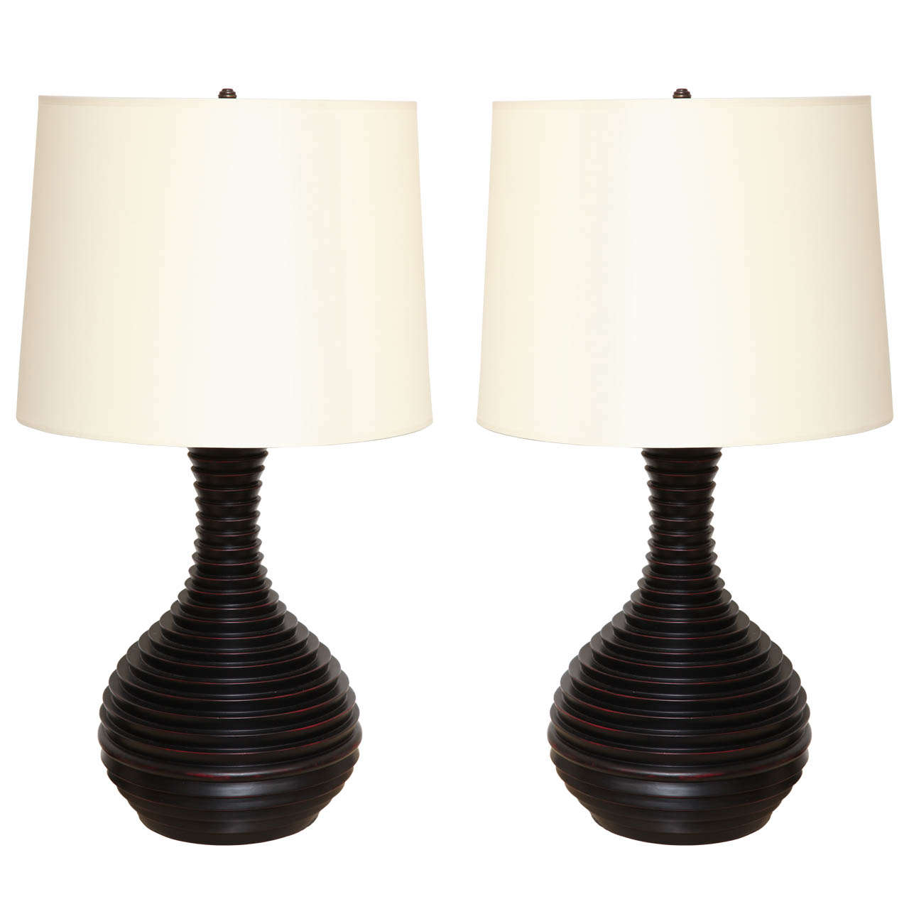 Pair Of Black Turned Wood Baluster Form Lamps, C. 1960 For Sale