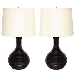 Pair Of Black Turned Wood Baluster Form Lamps, C. 1960