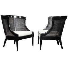 Pair Of Ebonized Rounded Back Cane Chairs,