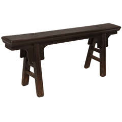 Antique 19th Century Elmwood Bench with Splayed Legs
