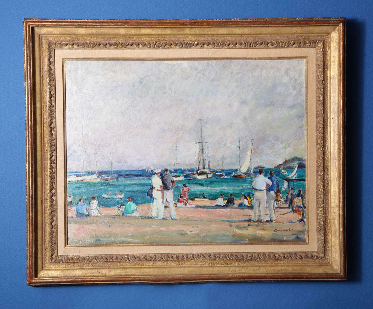 Josep Amat i Pages (español 1901-1991) Marinero, hacia 1935.
Óleo sobre lino, firmado Amat abajo a la derecha, en marco de madera dorada tallado a mano con engobe de lino. 

Procedencia: Galería Sala Pares, Est.1840, Barcelona, etiqueta verso,
