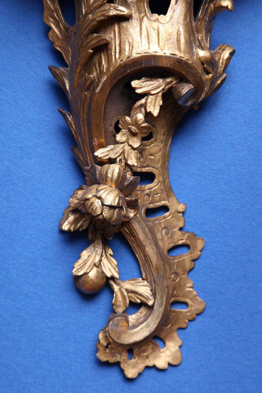 Hand-Carved Pair of Chippendale Period Carved Rococo Giltwood Wall Lights, circa 1755 For Sale