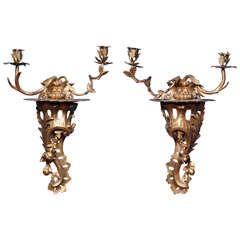 Antique Pair of Chippendale Period Carved Rococo Giltwood Wall Lights, circa 1755