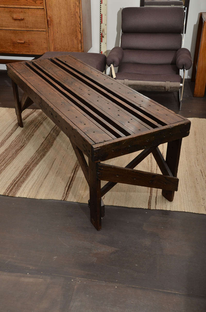 Slatted wood milk table/bench with excellent patina.